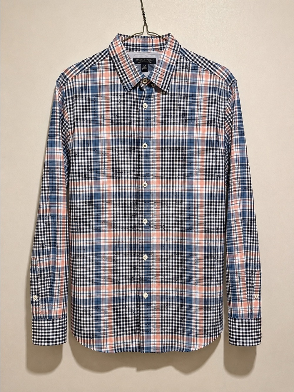 Banana Republic Blue and Pink Plaid Long-Sleeve Dress Shirt